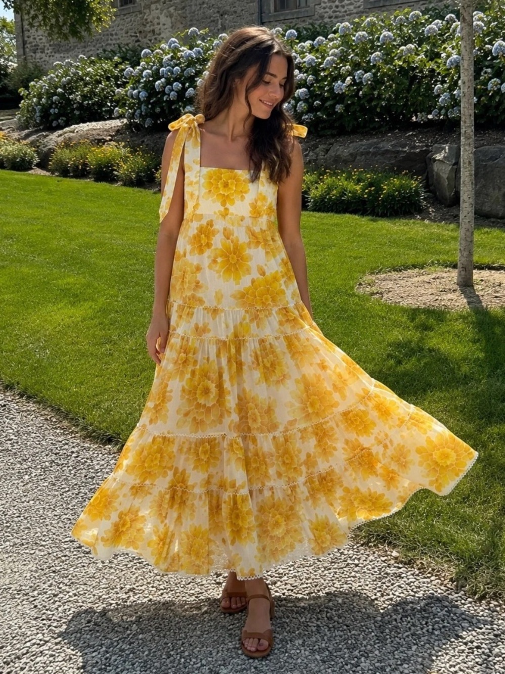 Alemais Sonny Tiered Floral Midi Dress Yellow